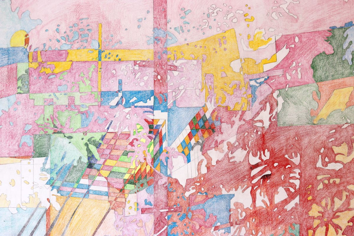 Close-up detail of the colored-pencil drawing Moghbazar, showing dense pastel hatching across Dhaka rooftops and birds among the antennas (detail IV of IV)