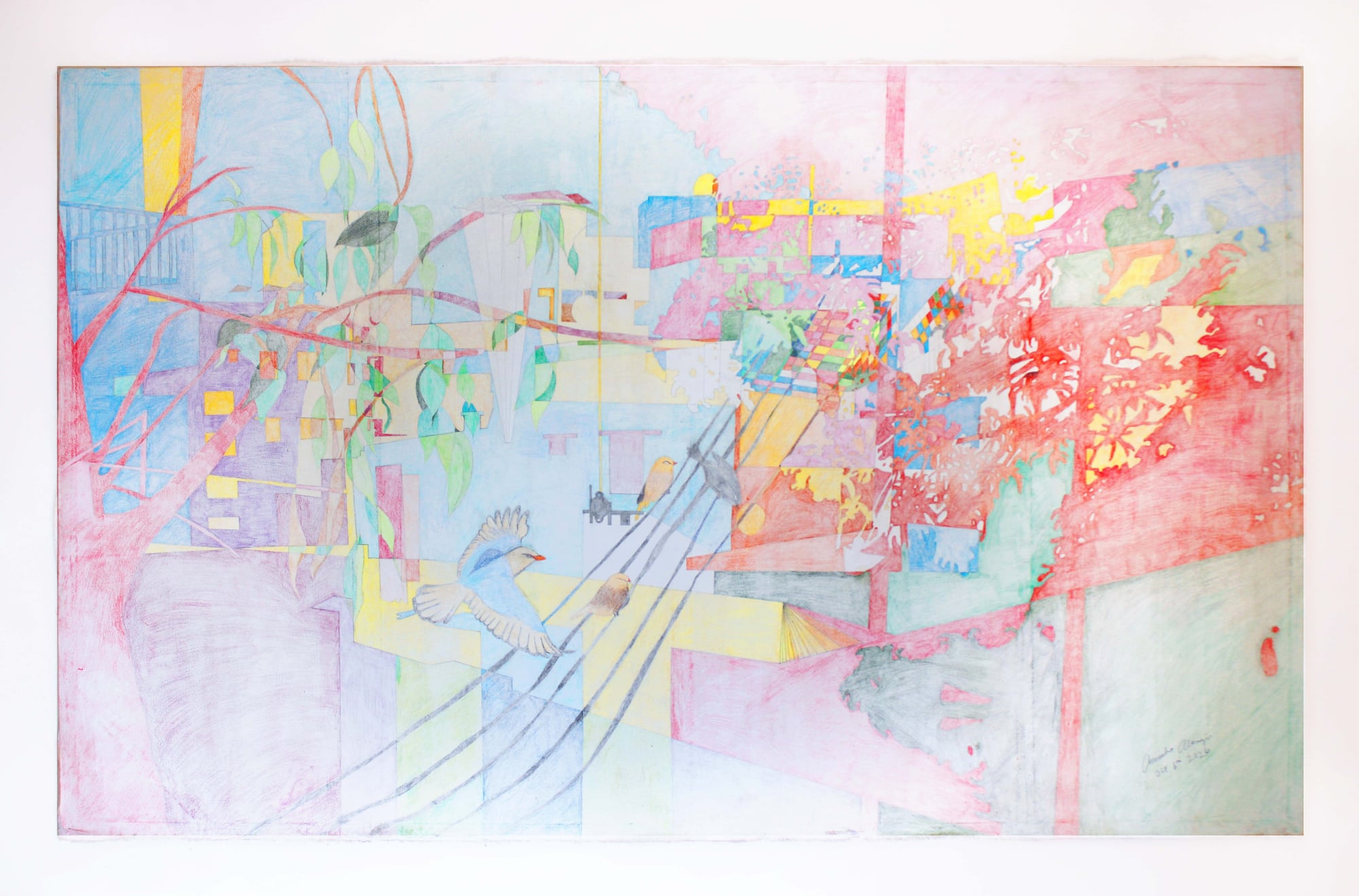 Moghbazar (2026), a colored-pencil cityscape by Anusha Alamgir: dense Dhaka rooftops, water tanks and antennas under a pastel sky with birds in flight