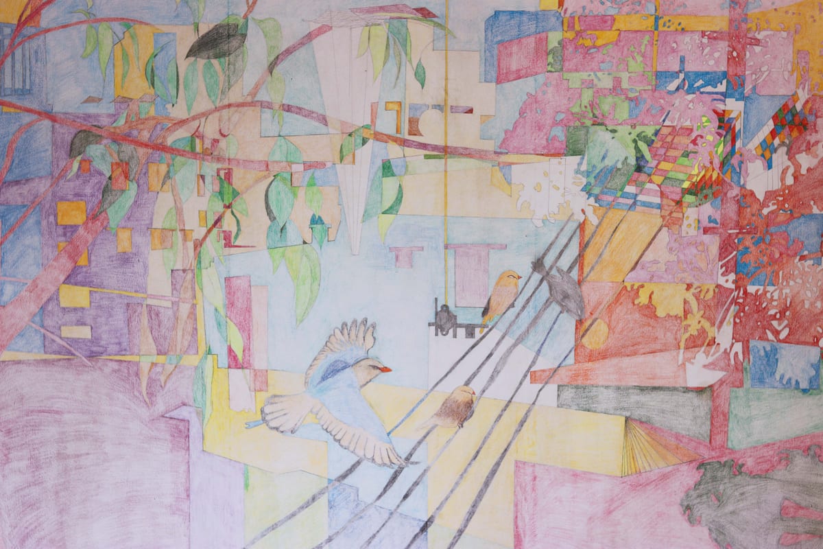 Installation view of the exhibition Moghbazar at MOCAD, Dhaka, with framed colored-pencil drawings installed on the gallery wall (view 4 of 7)