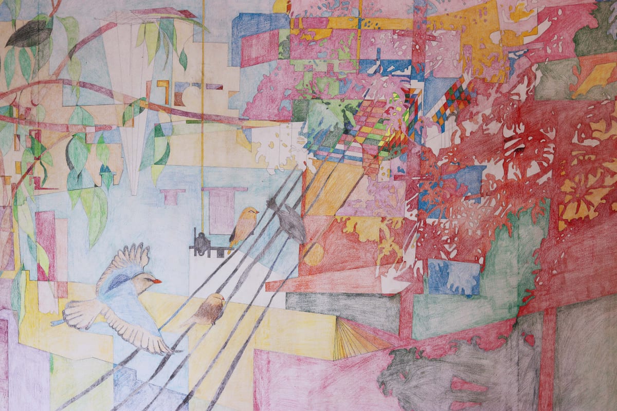Installation view of the exhibition Moghbazar at MOCAD, Dhaka, with framed colored-pencil drawings installed on the gallery wall (view 5 of 7)