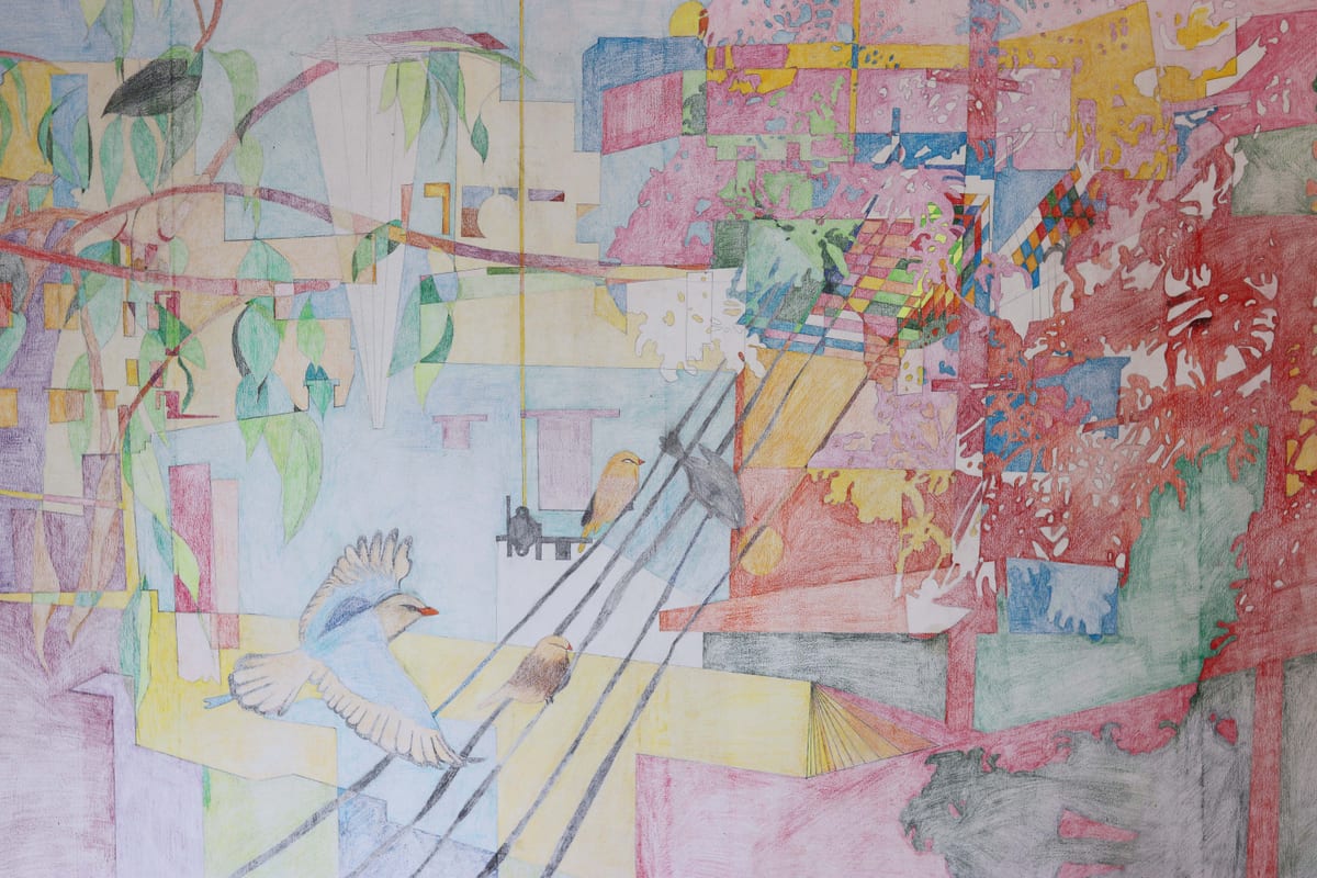 Installation view of the exhibition Moghbazar at MOCAD, Dhaka, with framed colored-pencil drawings installed on the gallery wall (view 6 of 7)