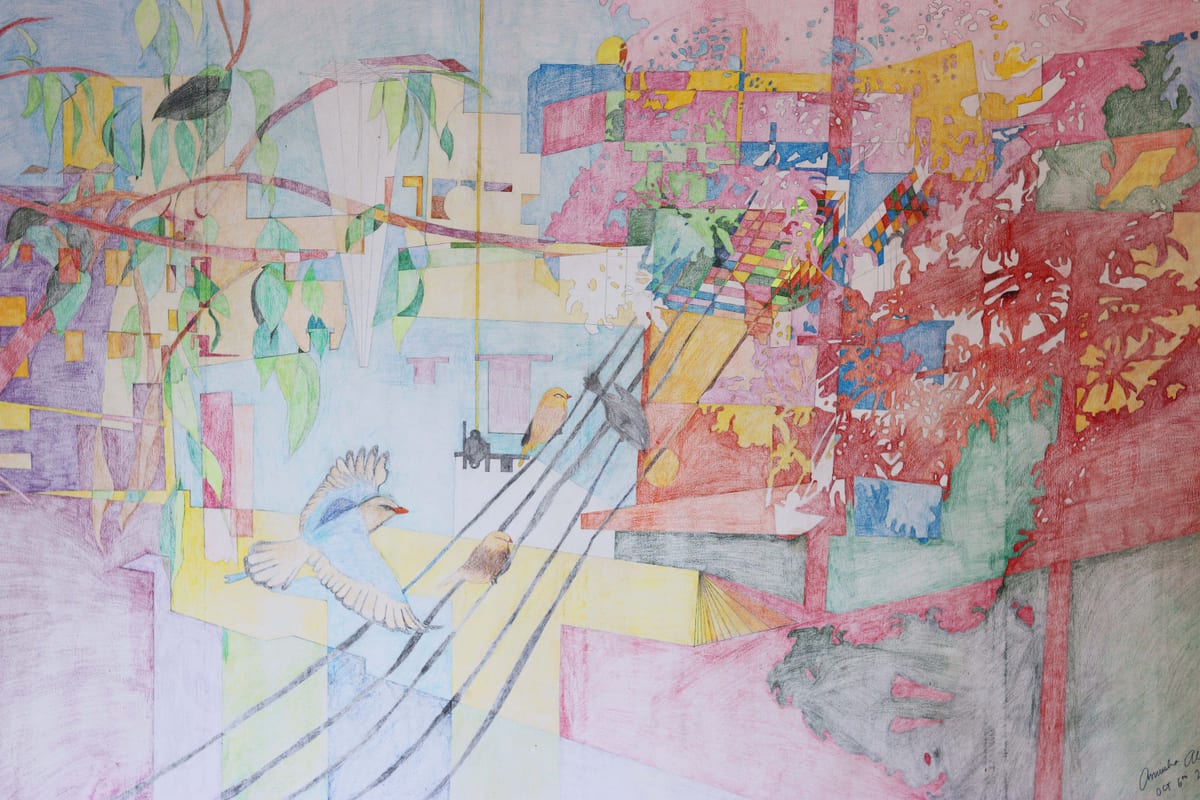 Installation view of the exhibition Moghbazar at MOCAD, Dhaka, with framed colored-pencil drawings installed on the gallery wall (view 7 of 7)
