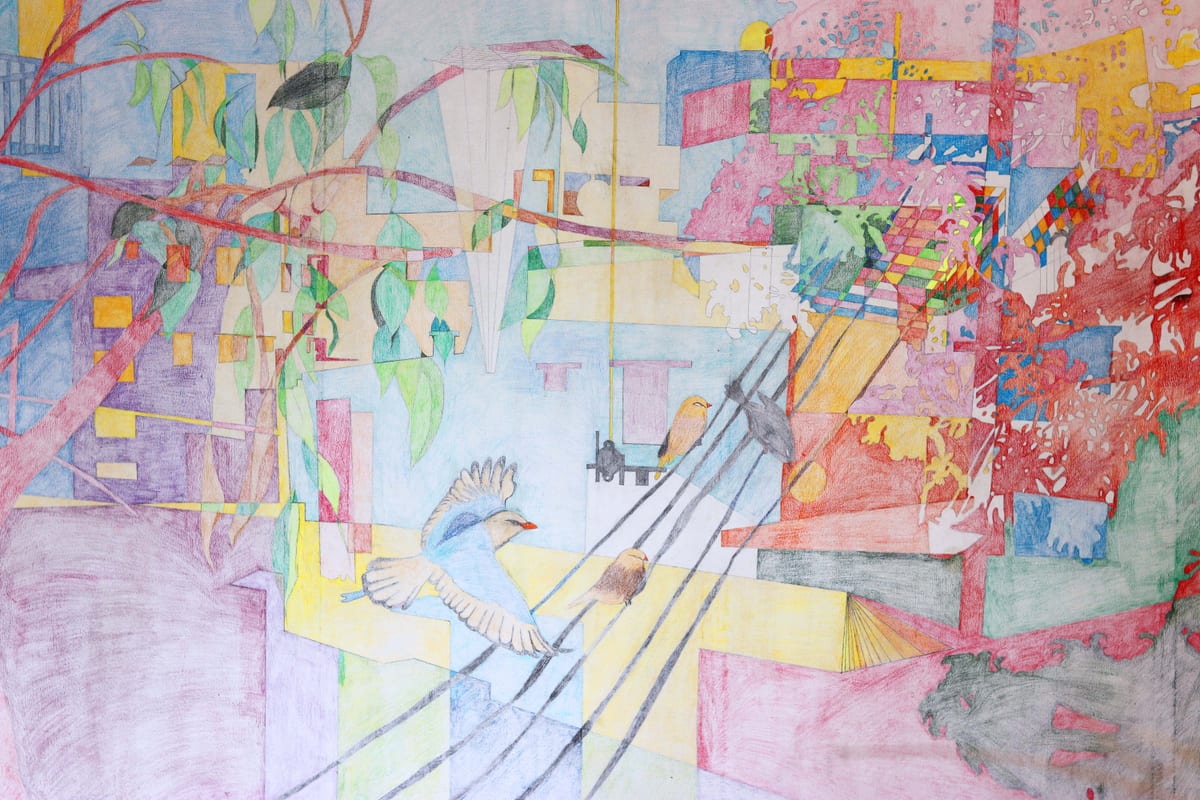 Colored-pencil drawing of the Moghbazar neighborhood skyline in Dhaka, pastel rooftops under a soft sky